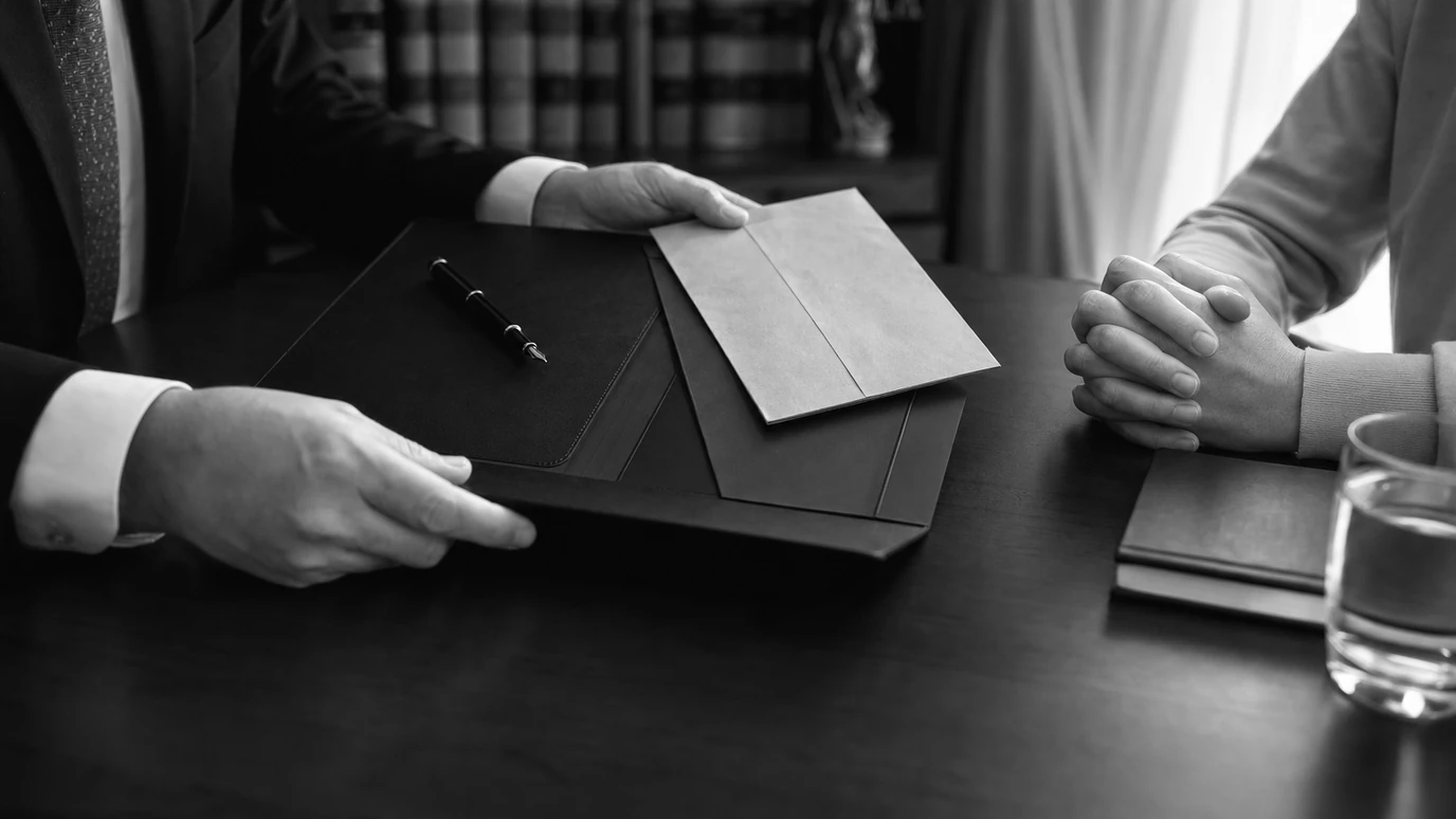 Адвокат по економічним справам передає документи власнику бізнесу на консультації