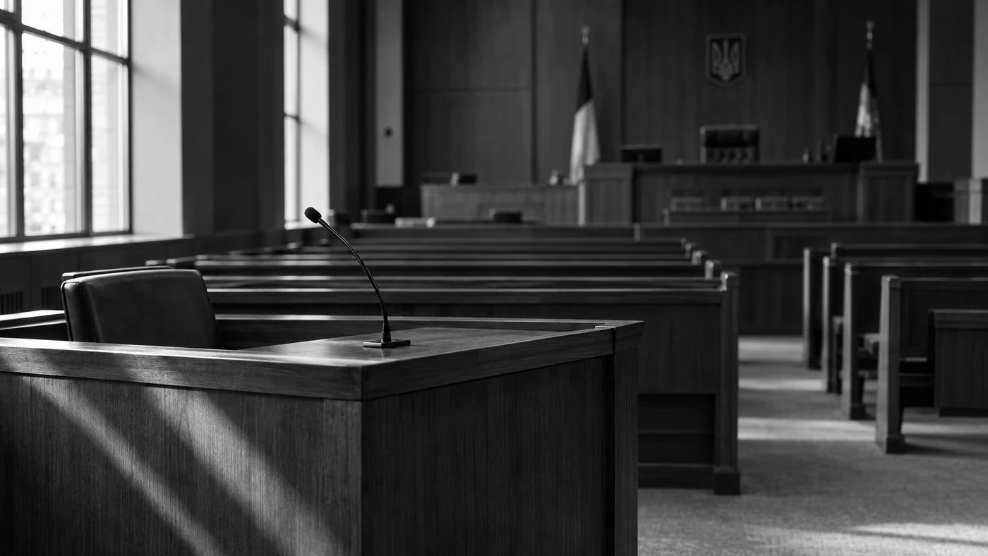 Порожня трибуна для свідка в залі суду перед допитом свідка в суді
